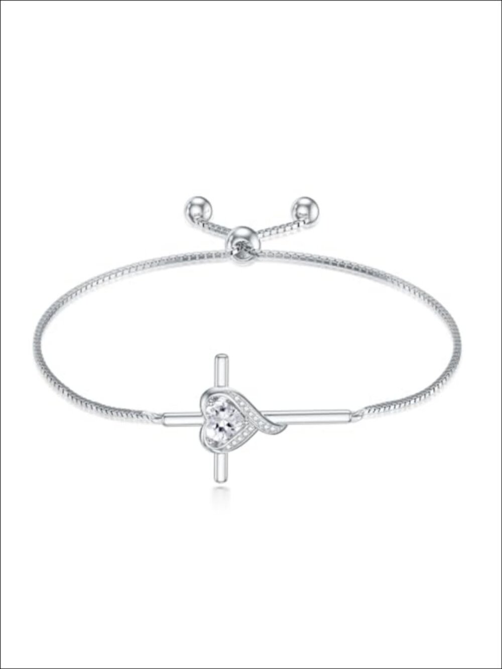 Sterling Silver Heart Cross Link Bracelet 9 Inch Adjustable Women Fine Jewelry